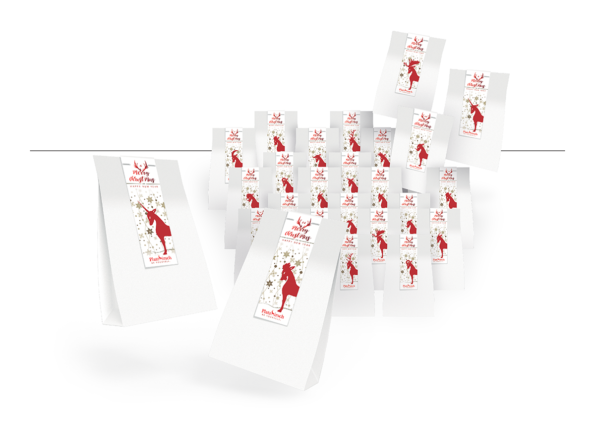 Weihnachtliche Adventskalenderlabels für die Platzhirsch-Bar Leipzig: Detailverliebtes Design trifft festliche Kreativität – der Hirsch in 24 charmanten Varianten als Symbol für Vielfalt und Gastfreundschaft.