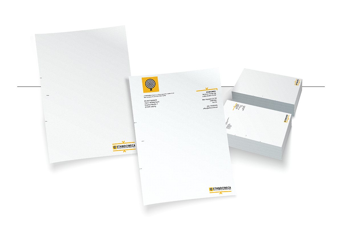 Minimalistisches Geschäftspapier für Ethnocineca im Rahmen des Corporate Designs. Klare Gestaltung mit Logo-Elementen, erstellt in InDesign und als Word-Vorlage umgesetzt.