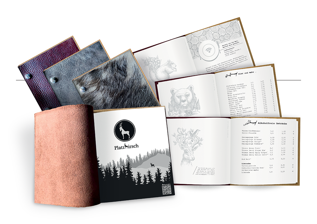 Getränkekarte für die Platzhirsch-Bar in Leipzig: Pures Design mit Skizzen, Sprüchen und durchdachter Struktur auf 30 Seiten – perfekt abgestimmt auf das Bar-Image.