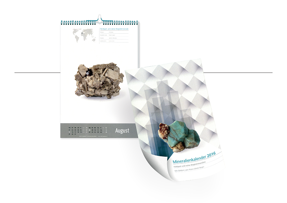 Exklusiver Mineralien-Kalender der Werbeagentur KochDialog: 12 faszinierende Feldspat-Mineralien, minimalistisches Design, typografisch klar und informativ mit Fundorten & Feiertagen.