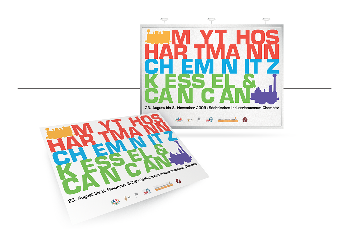 A3-Plakat zur Ausstellung „Mythos Hartmann – Chemnitz – Kessel & Can can“ im Sächsischen Industriemuseum. Entwurf im Rahmen des Buch- und Medienproduktions-Studiums an der HTWK Leipzig. Kreatives Design mit Blocksatz, Illustrationen und familienfreundlichem Farbkonzept.