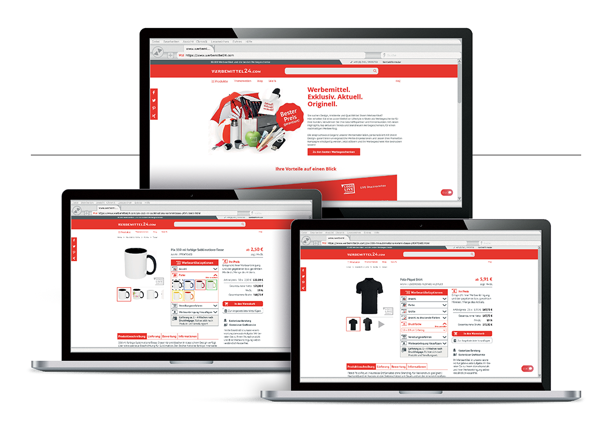 Redesign für die Werbemittel24.com GmbH: Klar strukturiertes E-Commerce Screendesign mit responsiver Webfunktion, SEO-Optimierung & integrierter Chatfunktion. Optimale Präsentation von Werbeartikeln im Corporate Design.