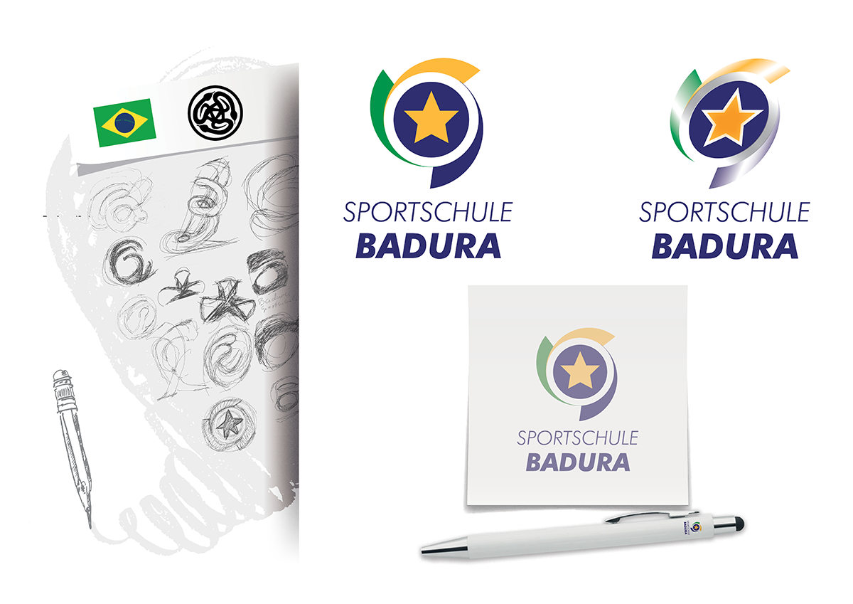 Logo-Design für das Sportstudio Badura: Inspiriert vom brasilianischen Luta Livre, kombiniert mit Farben der brasilianischen Flagge und dynamischen Schlangenformen. Modern, dreidimensional & markant.
