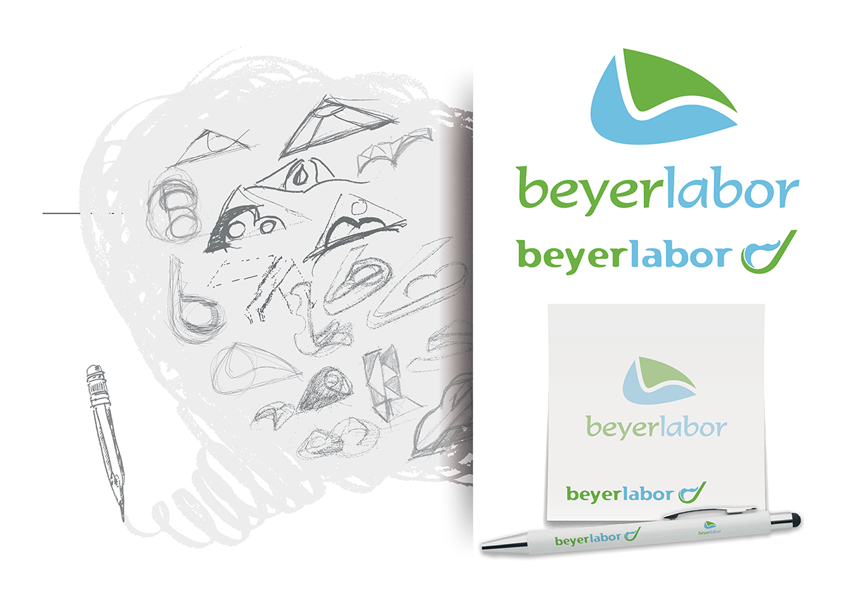 Modernes Logo-Design für Beyerlabor im Bereich Umweltanalytik. Die Kombination aus Blau und Grün vermittelt Vertrauen & Nachhaltigkeit – mit organischen Formen und Schutzsymbolik.