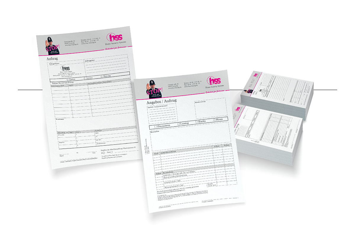Das Auftragsformular für Home Security Systems (HSS Leipzig) bietet eine klare Struktur und Übersichtlichkeit. Integriert ins Corporate Design und mit dem markanten Bobby-Bild versehen, unterstützt es effizientes Datenhandling im Sicherheitsservice. Mit Adobe InDesign erstellt.