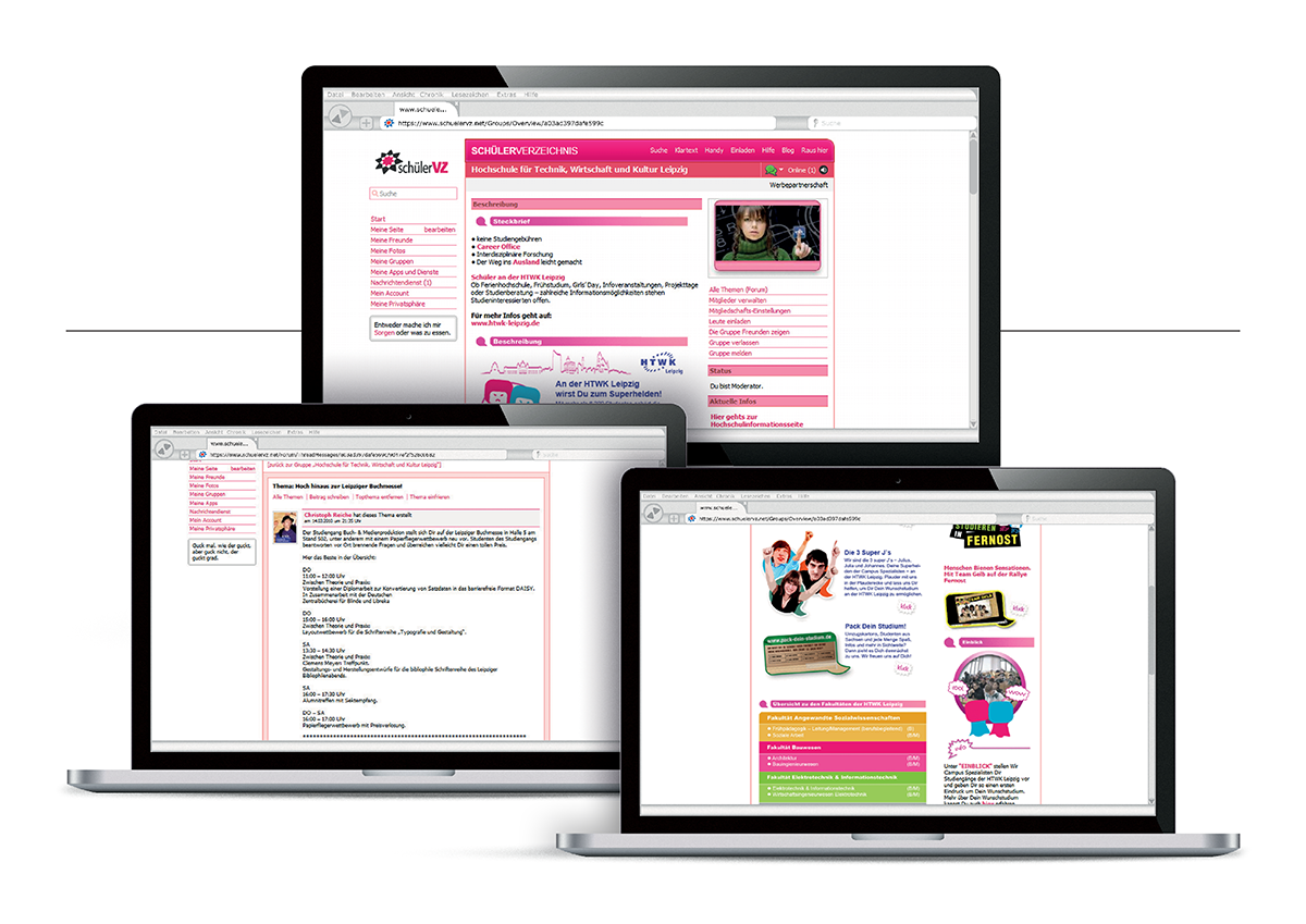 Zielgruppenorientiertes Design für die HTWK Leipzig im Rahmen der Kampagne „Studieren in Fernost“. Realisiert mit Scholz & Friends zur Steigerung der Sichtbarkeit auf StudiVZ durch interaktive Online-Elemente.