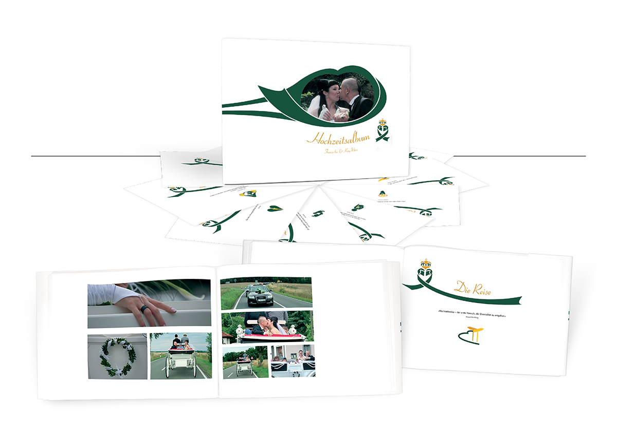 Ein einzigartiges Hochzeitsalbum im A4-Querformat für Privatpersonen: Harmonisch retuschierte Fotos, persönliche Texte, grüne Farbwelt & goldene Details. Mit liebevoll gestalteten Icons und Zitaten – echtes Storytelling zum Durchblättern.