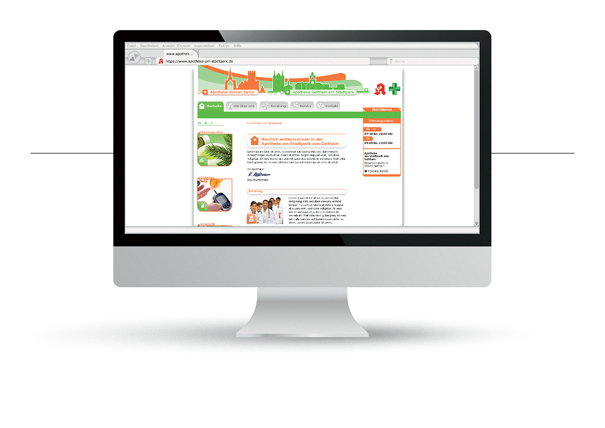 Zwei Apotheken, ein Design: Individuelle Webdesigns für Kohren Sahlis & Geithain am Stadtpark, die regionale Besonderheiten aufgreifen, mit klarer Struktur, prägnanten Icons und einem frischen Farbkonzept in Grün und Orange.