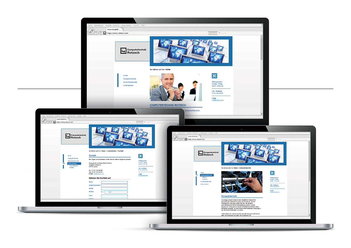 Modernes Webdesign für Computertechnik Rotzsch: Funktionales Webdesign im Corporate Look mit klarer Navigation, gestaltet. Seriöses Blau-Grau mit markantem Pfeil-Element.