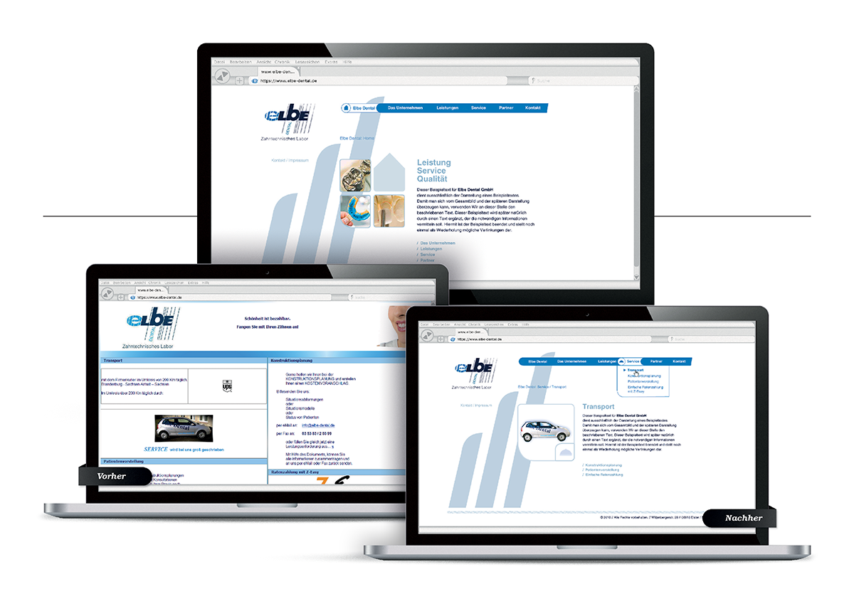 Webdesign für Elbe Dental GmbH: Sanftes, bläuliches Webdesign im Einklang mit dem Corporate Design – professionell, seriös und nutzerfreundlich.