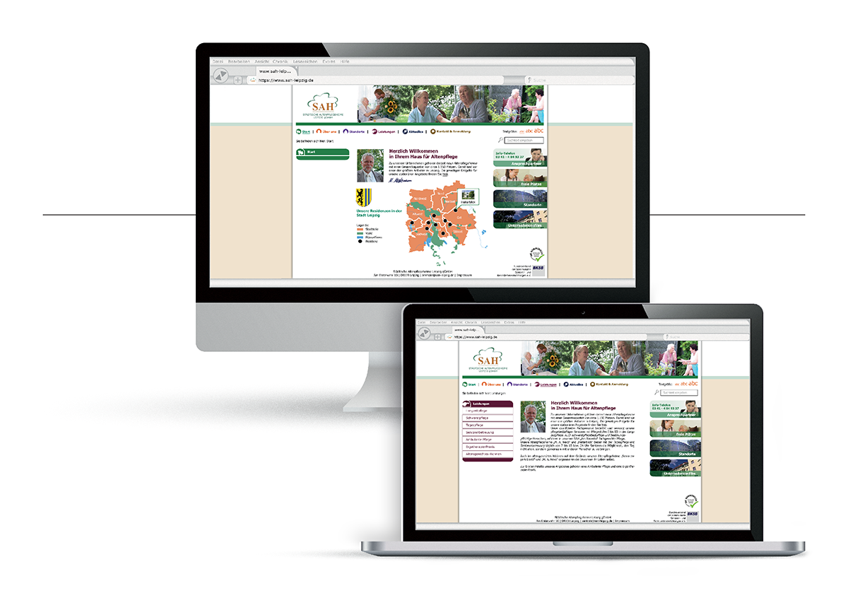 Für die Städtischen Altenpflegeheime Leipzig entstand ein benutzerfreundliches Webdesign, das durch klare Strukturen, hohe Lesbarkeit und eine vitale Farbgebung in Grün und Orange überzeugt. Das Screendesign orientiert sich am bestehenden Corporate Design der SAH Leipzig gGmbH und vermittelt eine positive, wertschätzende Atmosphäre.